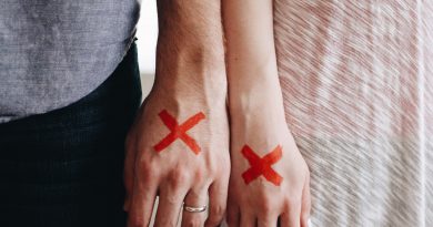 dłonie mężczyzny i kobiety, na każdej z nich namalowany czerwony krzyżyk - symbol rozwodu